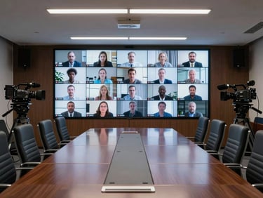 Wide environmental shot of a corporate boardroom with an active videoconferencing system — large display wall showing a live split-screen call, cool overhead lighting, empty executive chairs around a long table, camera and audio equipment mounted precisely at the room's far end, no people