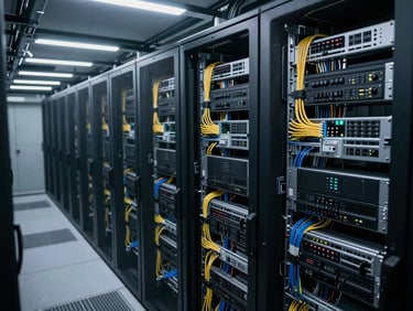Overhead architectural photograph of an enterprise server room — dense cable management trays in structured rows, cool white LED overhead lighting, no people, equipment in full operational state, depth of field showing multiple rack columns receding into the background