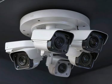 Close-up overhead shot of a security camera cluster mounted on a ceiling bracket, cool white ambient lighting, precision hardware detail visible, dark background
