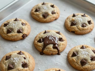 Overhead shot of thick chocolate chip cookies on a baking sheet, melted chocolate pools, flaky sea salt crystals