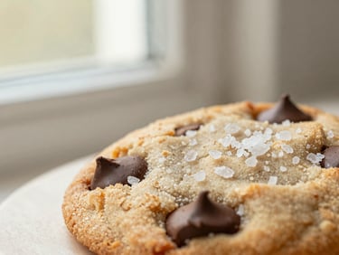 Close-up macro shot of a thick chocolate chip cookie showing melted chocolate pools and flaky sea salt on top, soft morning window light, warm editorial photography style, muted cream and sage tones, shallow depth of field, 35mm.