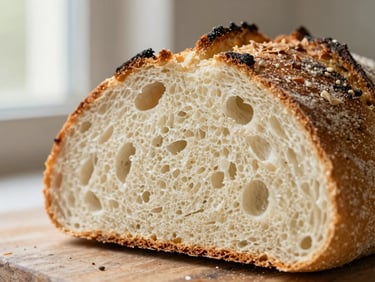 Close-up macro shot of a sliced sourdough loaf showing a soft, airy crumb structure, warm morning light, rustic wood background