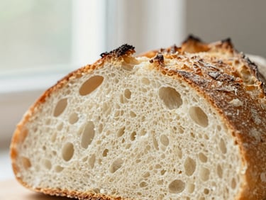 Close-up macro shot of a freshly sliced sourdough loaf, showing deep ear cuts and airy crumb, soft morning window light, warm editorial photography style, muted cream and sage tones, shallow depth of field, 35mm.