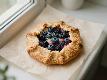 Overhead flat-lay of a rustic berry galette on parchment paper, golden flaky crust, soft morning window light, warm editorial photography style, muted cream and sage tones, shallow depth of field, 35mm.