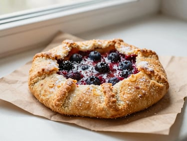 Close-up of a rustic fruit galette with bubbling berries and a golden, sugar-dusted crust on brown paper packaging