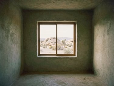 Interior of a clay-walled desert retreat in Joshua Tree, minimalist design, linen textiles, soft morning light