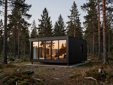Architectural wide shot of a modern glass-fronted cabin nestled in a Swedish pine forest, twilight glow