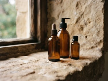 Macro close-up of amber glass refillable bottles on a raw stone ledge, soft morning window light, warm sand tones, architectural 35mm