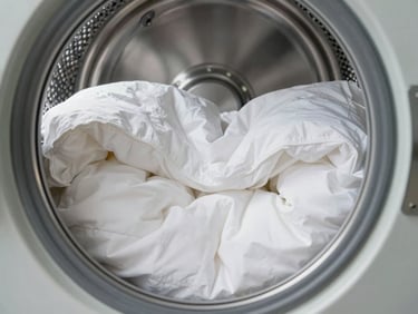 Industrial large-capacity washing machine drum spinning clean white duvets, bright white lighting