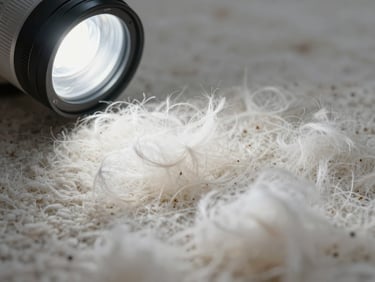Close-up of clean, fluffy white carpet fibers being inspected under bright white industrial lighting, showing restored texture and depth