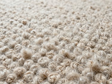 Close-up of clean, restored wool carpet fibers, showing deep texture definition and bright clinical lighting, no dust.