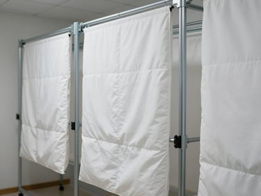 Clean white duvets and roller blinds hanging neatly in a bright, climate-controlled indoor drying room with steel racks.