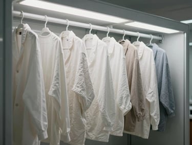 Clean indoor drying room with controlled climate, heavy textiles hanging neatly under bright white light