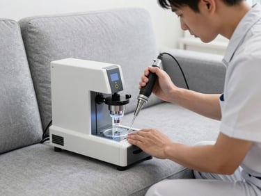 Professional technician using a high-vacuum extraction machine on a modern gray fabric sofa, clean uniform, bright lighting.