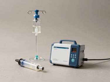 Close 3/4 studio shot of an automatic infusion pump and IV administration set arranged on a clean neutral surface, soft north-facing studio light, product label visible but unreadable, no text or branding legible