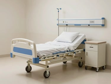Straight-on studio shot of a hospital patient bed and bedside cabinet arranged in an empty clinical space, neutral off-white background, even studio lighting, furniture viewed at slight 3/4 angle