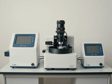 Straight-on studio shot of laboratory analysis equipment — centrifuge and specimen processing units arranged on a clean bench, neutral off-white background, even studio lighting, no personnel