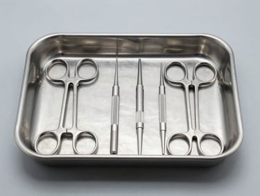 Straight-on studio shot of a stainless-steel surgical instrument set laid out in a sterile tray, neutral gray background, even diffused studio lighting, instruments arranged in parallel rows, close 3/4 view