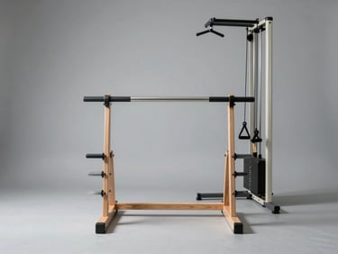 Straight-on studio shot of physiotherapy rehabilitation equipment — parallel bars and a resistance training device on a light gray studio floor, even diffused studio lighting, no personnel
