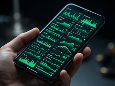 Sleek close-up macro shot of a physical Android flagship device displaying a dark-mode system dashboard with vibrant green telemetry charts, cool studio lighting, sharp focus on glass screen, 50mm