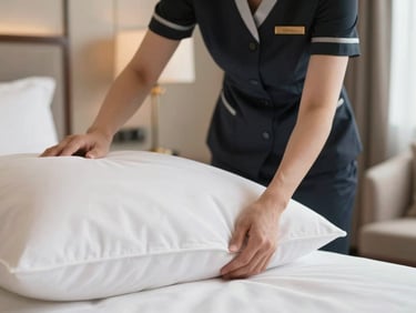 Macro shot of a professional housekeeper in a clean, minimalist dark uniform adjusting crisp white pillows in a bright luxury hotel room