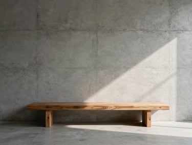 Minimalist interior with soft diffused daylight hitting a raw concrete wall and a single wooden bench, geometric crop