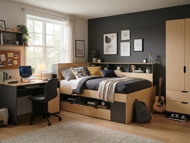 Medium-wide environmental shot of a teen's bedroom featuring a MODU Teen storage bed system, natural side-lit window light, subtle LED ambient glow from the desk, warm birch and charcoal tones.