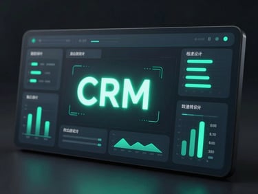 Sleek 3D render of a CRM dashboard interface with glowing data points and abstract geometric shapes, dark mode tech aesthetic, emerald and teal accents, soft ambient studio lighting, shallow depth of field, wide composition.