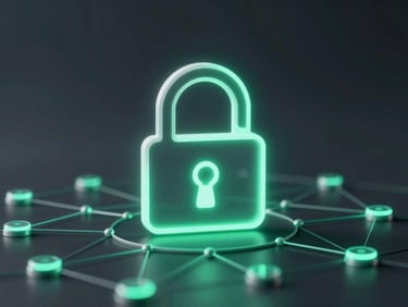 Macro shot of a secure lock icon integrated into a network node diagram, glowing emerald and teal accents, dark mode tech aesthetic, soft backglow, wide composition.