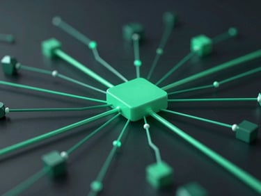 Abstract 3D render of interconnected data flow lines and geometric shapes, representing lead management and customer success, dark mode tech aesthetic, emerald and teal accents, soft ambient studio lighting, shallow depth of field, wide composition.