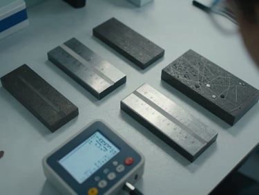 Overhead shot of calibration blocks and reference standards arranged on a laboratory bench, a digital gauge displaying precise readout in the foreground, cool north-facing daylight, no people visible, documentary and procedural