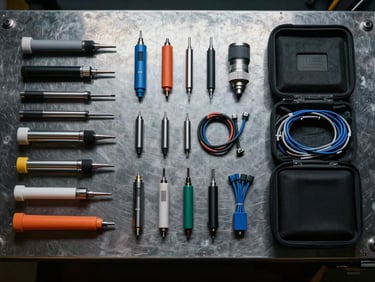Organized overhead shot of NDT accessories — probes, couplant, cables and carrying cases — laid flat on a dark steel surface under cool strobe lighting, grouped by category, no branding visible