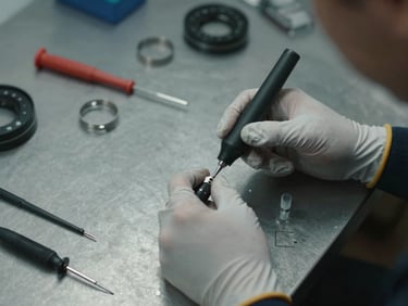 Close-up of a technician's gloved hands disassembling an ultrasonic probe on a steel workbench, cool workshop light, tools laid out in order, documentary framing from directly above