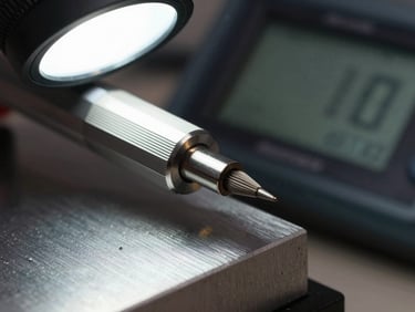 Extreme close-up of an eddy current probe pencil tip beside a calibration standard block, cool studio strobe from above, metallic surface texture sharp in focus, digital readout screen blurred in background