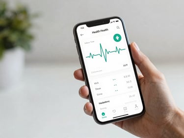 High-fidelity vector UI mockup of an Android health tracking app, clean slate background, clear heart rate graphs, accessible typography.