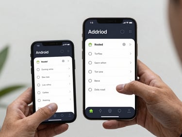 High-fidelity vector UI mockup of an Android productivity app, clean slate background, minimalist task lists, dark mode interface.