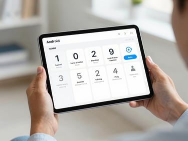 Close-up of diverse hands holding a modern Android tablet displaying a highly readable, clean healthcare dashboard with large touch targets, soft natural daylight, shallow depth of field, 35mm