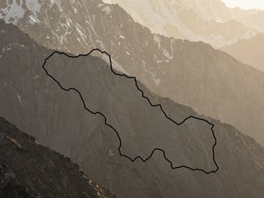 High-contrast graphic altitude map of the high Khumbu ridges, minimalist lines on textured stone-gray background.