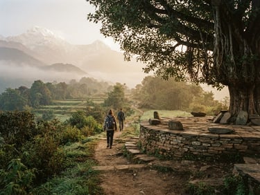 Wide environmental shot of a quiet mountain path in Nepal, soft morning mist, a traditional stone chautari resting place on the right under a banyan tree, warm golden-hour light, 35mm film style.