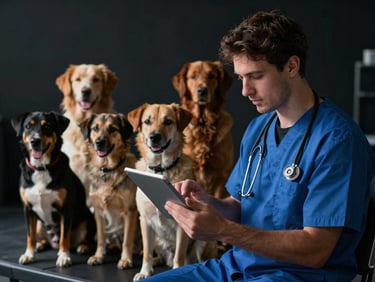 Passeador de cães profissional usando um tablet para gerenciar múltiplos agendamentos, com um grupo de cães ao fundo desfocado, iluminação natural de alto contraste, tons de azul frios, foco nítido, fotografia editorial cinematográfica 35mm