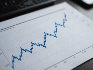 Close-up de um gráfico financeiro com linha ascendente em azul, sobre uma mesa de escritório moderna, iluminação natural de alto contraste, tons de azul frios, foco nítido, fotografia editorial cinematográfica 35mm