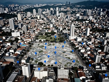 Vista aérea de um mapa urbano com marcadores estratégicos em azul, mãos de profissionais apontando para áreas específicas, iluminação natural de alto contraste, tons de azul frios, foco nítido, fotografia editorial cinematográfica 35mm