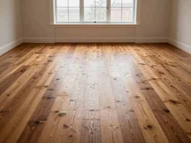 Wide environmental shot of a completed empty room with freshly refinished medium-toned oak hardwood floors glowing under soft diffused daylight from a large window at the far wall, no furniture, no decor, the floor itself the sole subject, shot from a standing eye-level angle showing the full length of the planks