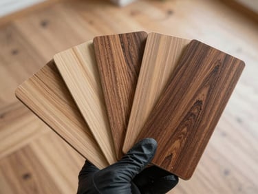 Close-up of five stain sample boards fanned out on a bare wood floor, ranging from pale blonde to deep walnut brown, a gloved hand holding the darkest sample, soft north-facing daylight illuminating the grain texture and colour variation
