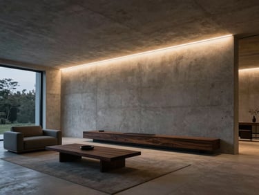 Wide architectural shot of a minimalist concrete living room at twilight, a warm linear LED profile seamlessly embedded in the ceiling casting a soft glare-free glow down a raw concrete wall, dark wood furniture, high-end interior design.