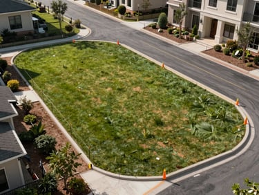 Physical residential plot with clear boundary markers and a paved access road under construction.