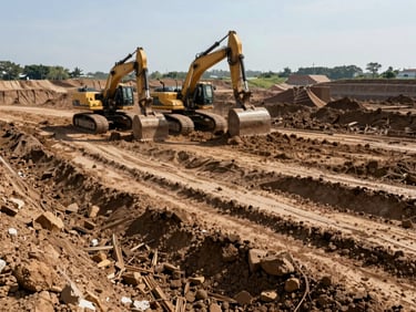 Large industrial land tract with heavy machinery grading the earth in the background.