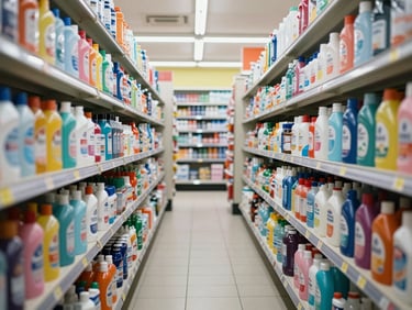 Wide aisle shot of household product shelves in a brightly lit convenience store, cleaning products and personal care items in rows, straight-on perspective
