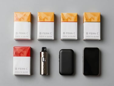 Overhead flat-lay of cigarette packs and vape devices arranged neatly on a neutral grey surface, bright studio lighting, clean and clinical framing