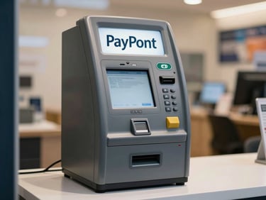 Close-up straight-on shot of a PayPoint terminal on a shop counter, clean ambient store lighting, minimal background, functional and clear